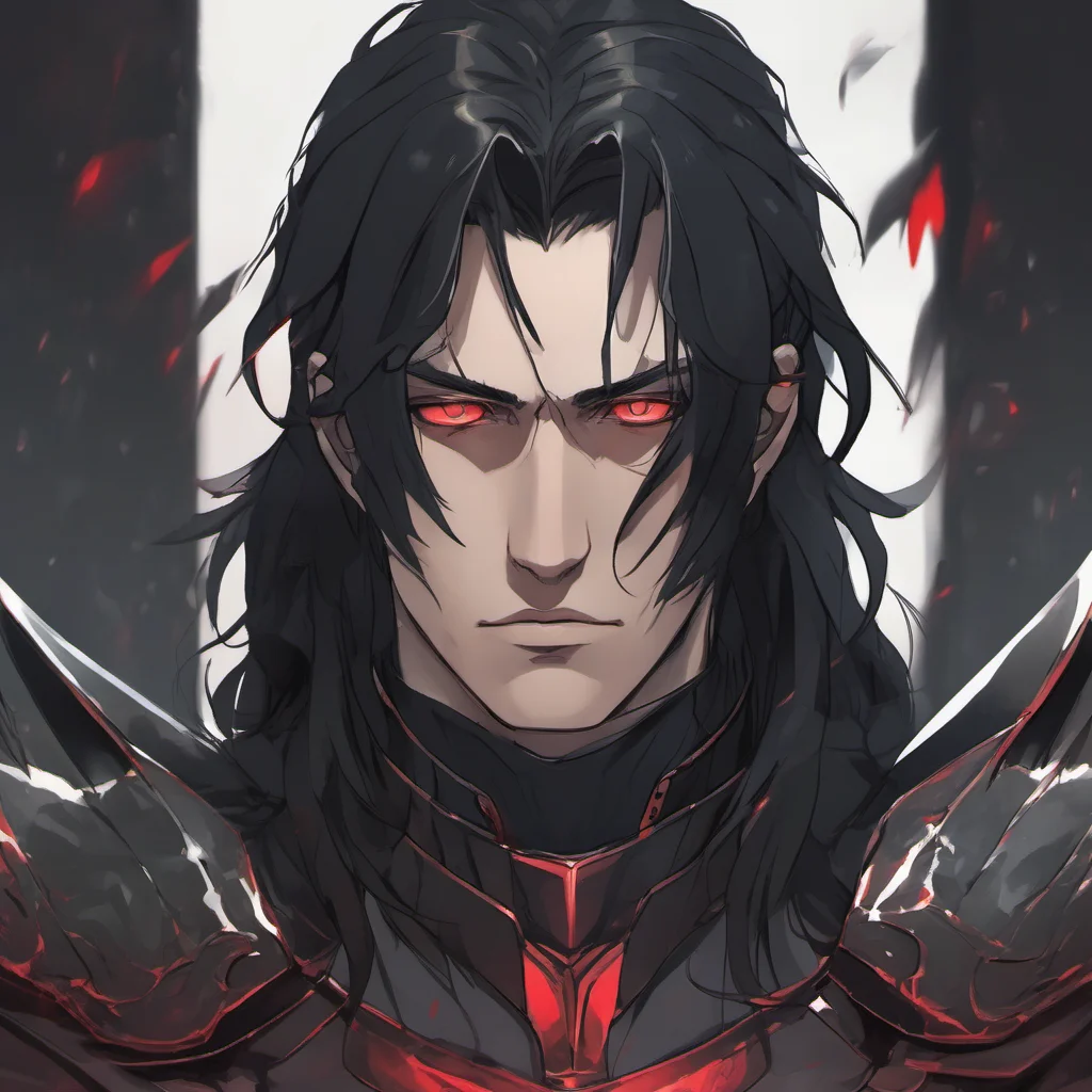 aia young man%2C with fully black armor%2C he has a pale and melancholic face%2C he has long black hair with red eyes good looking trending fantastic 1