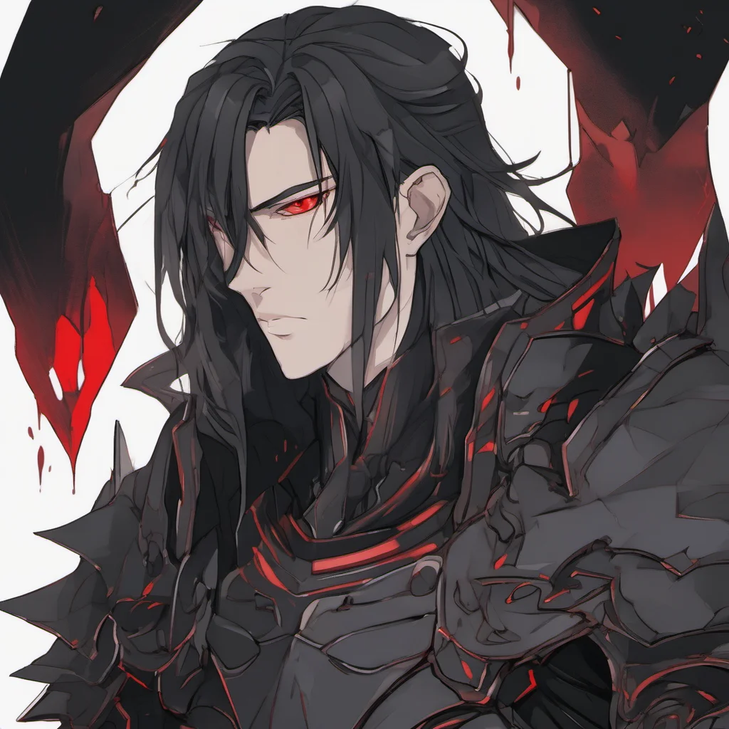 aia young man%2C with fully black armor%2C he has a pale and melancholic face%2C he has long black hair with red eyes