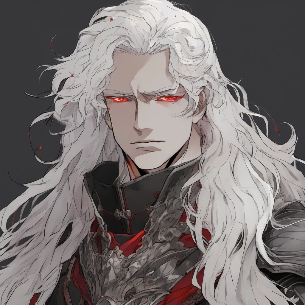 aia young man%2C with fully black armor%2C he has a pale and melancholic face%2C he has long curly white hair and red eyes amazing awesome portrait 2