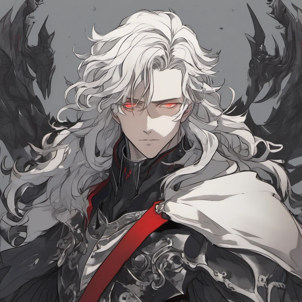 aia young man%2C with fully black armor%2C he has a pale and melancholic face%2C he has long curly white hair and red eyes confident engaging wow artstation art 3