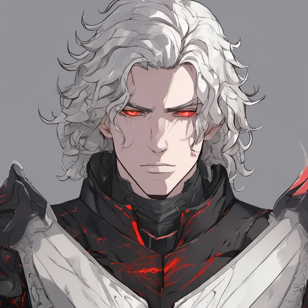 aia young man%2C with fully black armor%2C he has a pale and melancholic face%2C he has long curly white hair and red eyes
