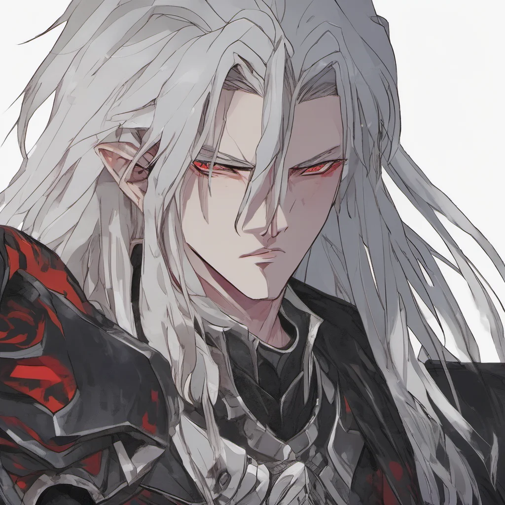 aia young man%2C with fully black armor%2C he has a pale and melancholic face%2C he has long white and black hair and red eyes amazing awesome portrait 2