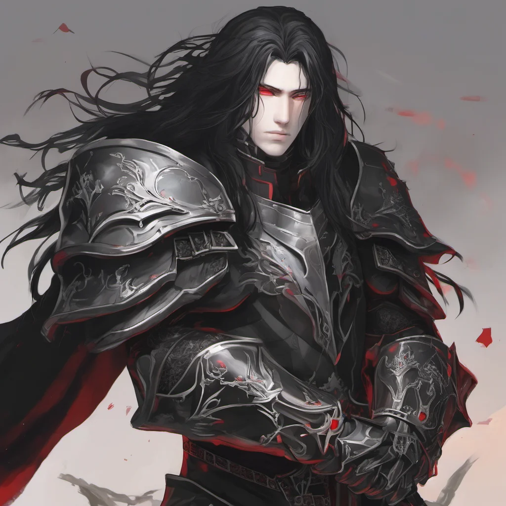 aia young man%2C with fully black armor%2C he has a pale and melancholic face%2C he has long white and black hair and red eyes confident engaging wow artstation art 3