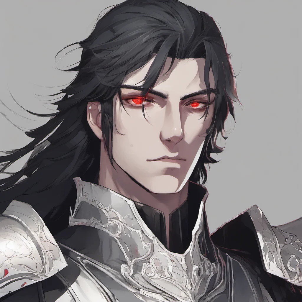 aia young man%2C with fully black armor%2C he has a pale and melancholic face%2C he has long white and black hair and red eyes