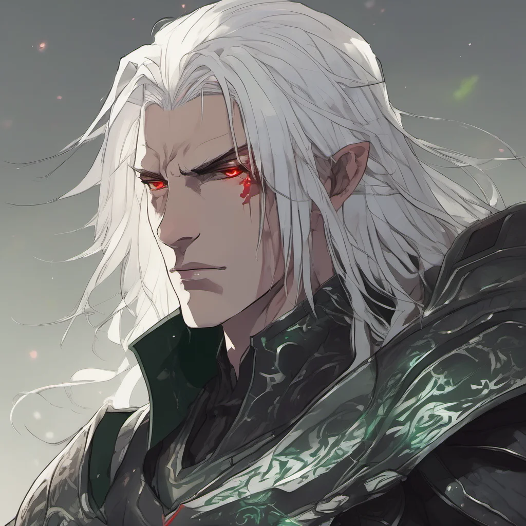 aia young man%2C with fully black armor%2C he has a pale and melancholic face%2C he has long white hair with green highlights and red eyes amazing awesome portrait 2