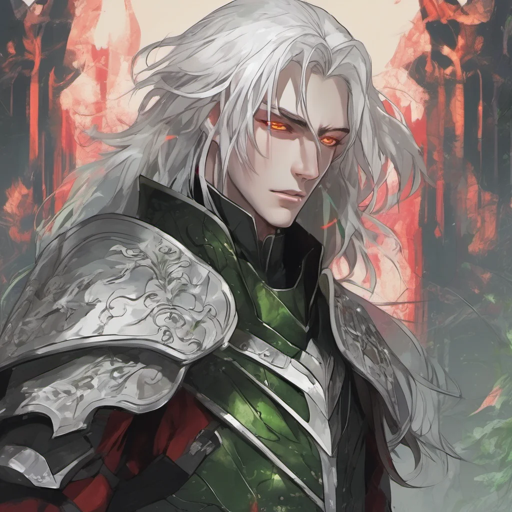 aia young man%2C with fully black armor%2C he has a pale and melancholic face%2C he has long white hair with green highlights and red eyes confident engaging wow artstation art 3