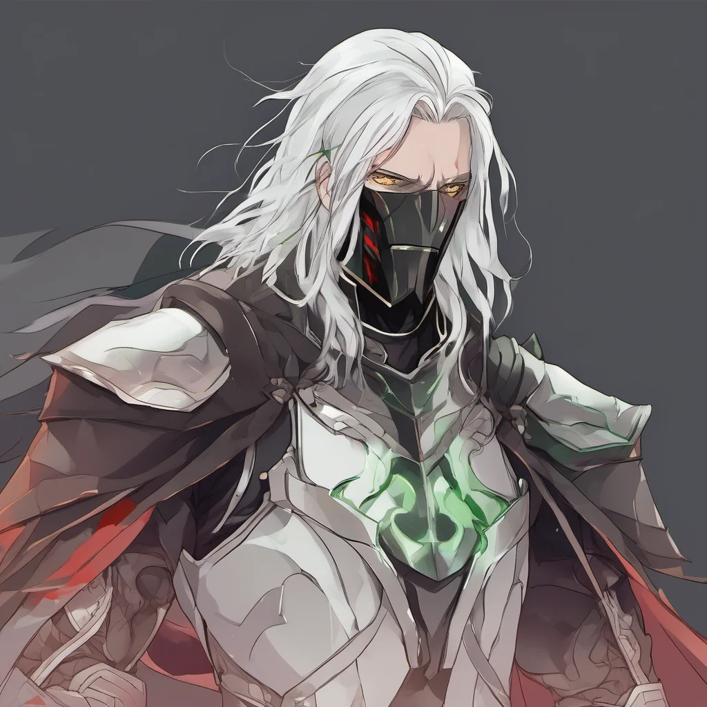 aia young man%2C with fully black armor%2C he has a pale and melancholic face%2C he has long white hair with green highlights and red eyes