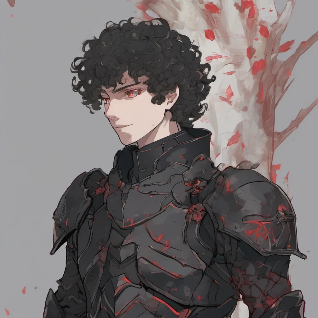 aia young man%2C with fully black armor%2C he has a pale and melancholic face%2C he has short curly white hair and red eyes amazing awesome portrait 2