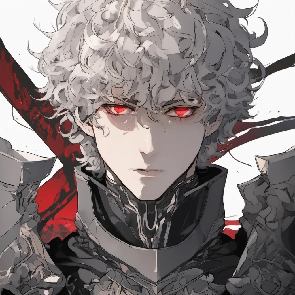 aia young man%2C with fully black armor%2C he has a pale and melancholic face%2C he has short curly white hair and red eyes confident engaging wow artstation art 3