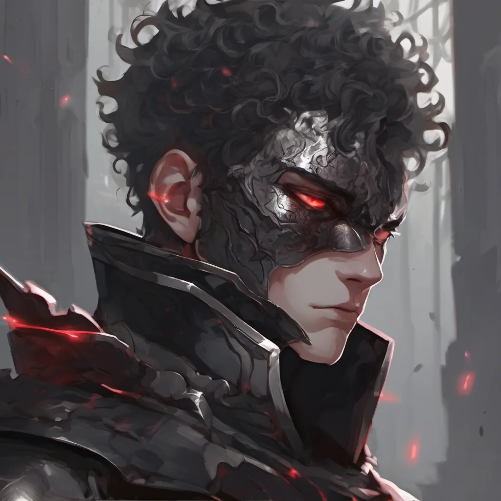 aia young man%2C with fully black armor%2C he has a pale and melancholic face%2C he has short curly white hair and red eyes