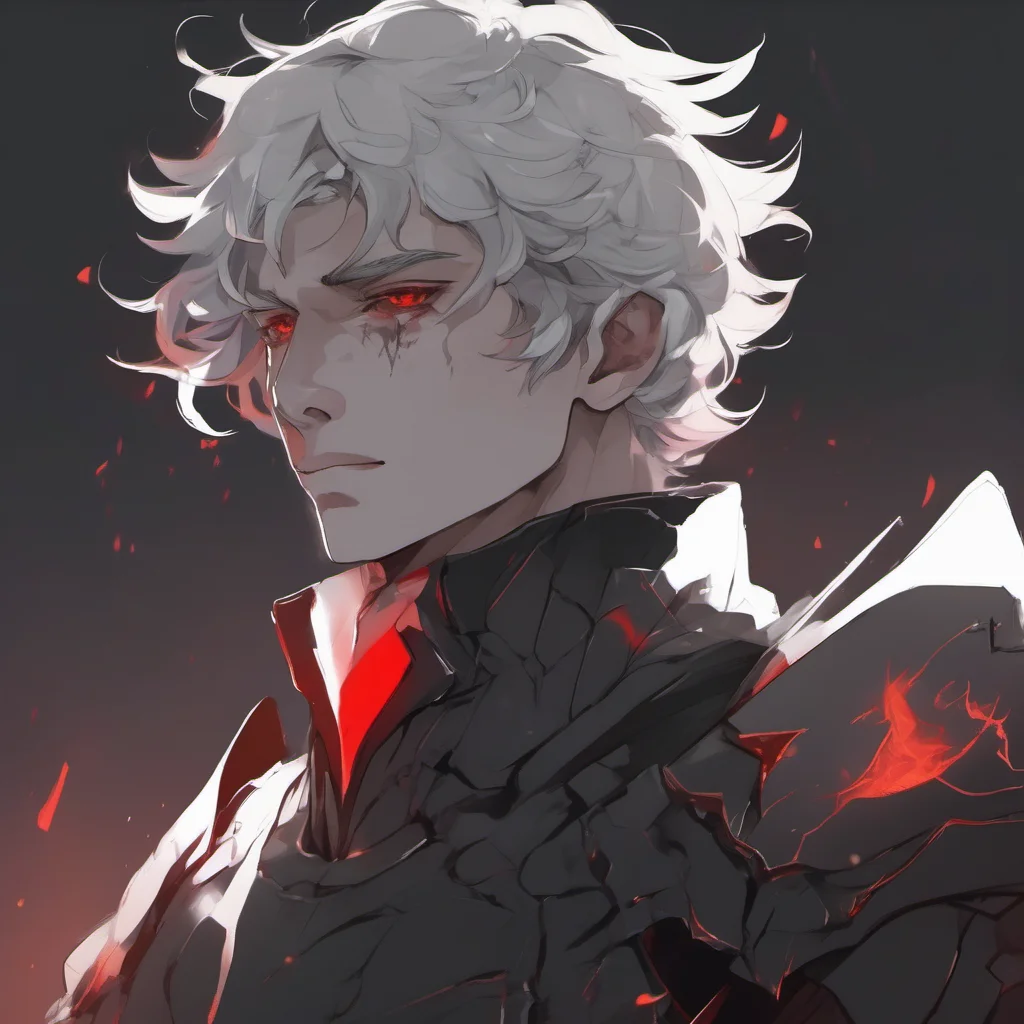 aia young man%2C with fully black armor%2C he has a pale and melancholic face with burned skin%2C he has short curly white hair and red eyes amazing awesome portrait 2