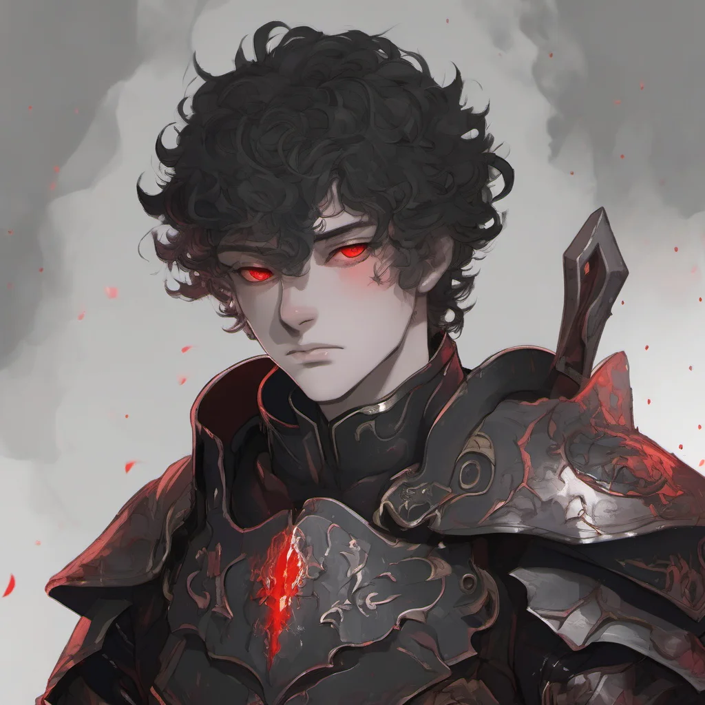 aia young man%2C with fully black armor%2C he has a pale and melancholic face with burned skin%2C he has short curly white hair and red eyes confident engaging wow artstation art 3