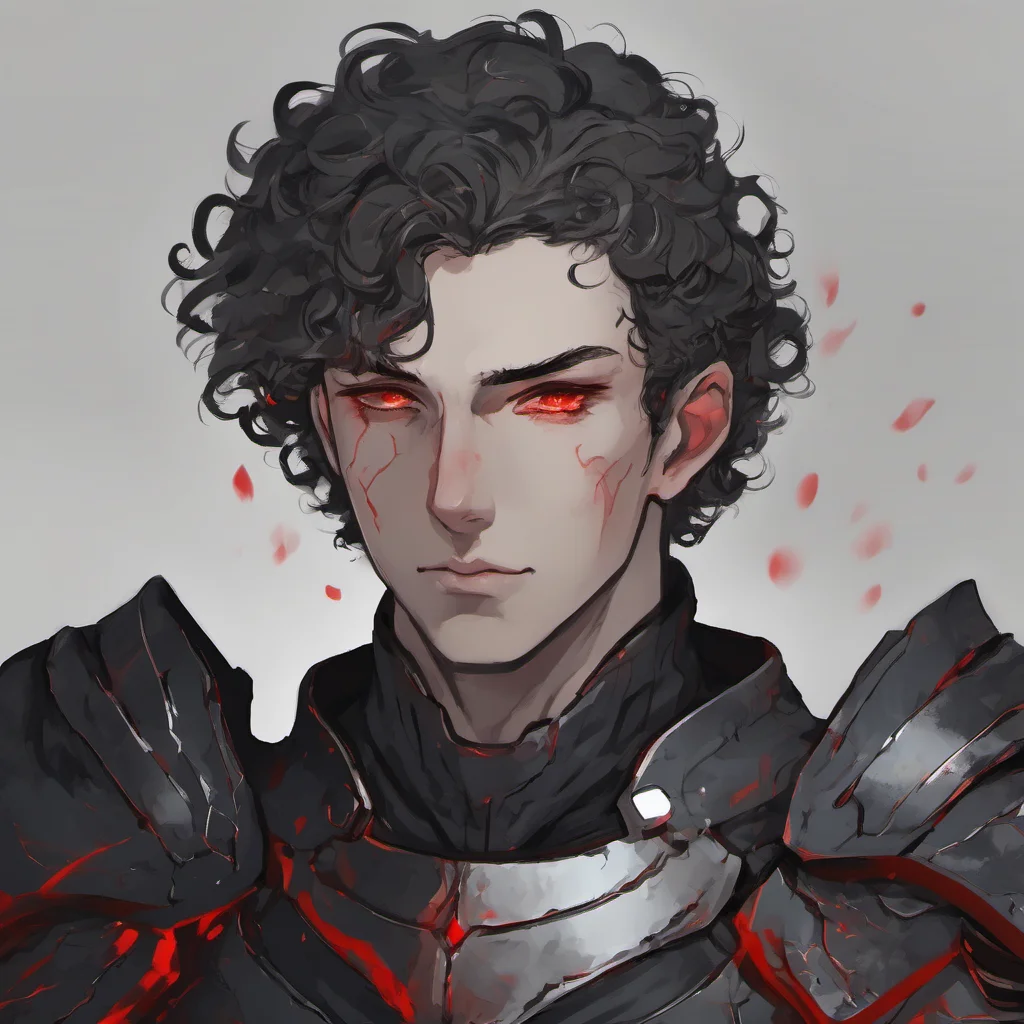 aia young man%2C with fully black armor%2C he has a pale and melancholic face with burned skin%2C he has short curly white hair and red eyes good looking trending fantastic 1