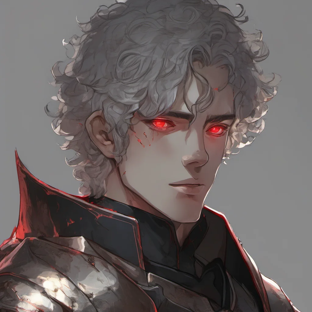 aia young man%2C with fully black armor%2C he has a pale and melancholic face with burned skin%2C he has short curly white hair and red eyes