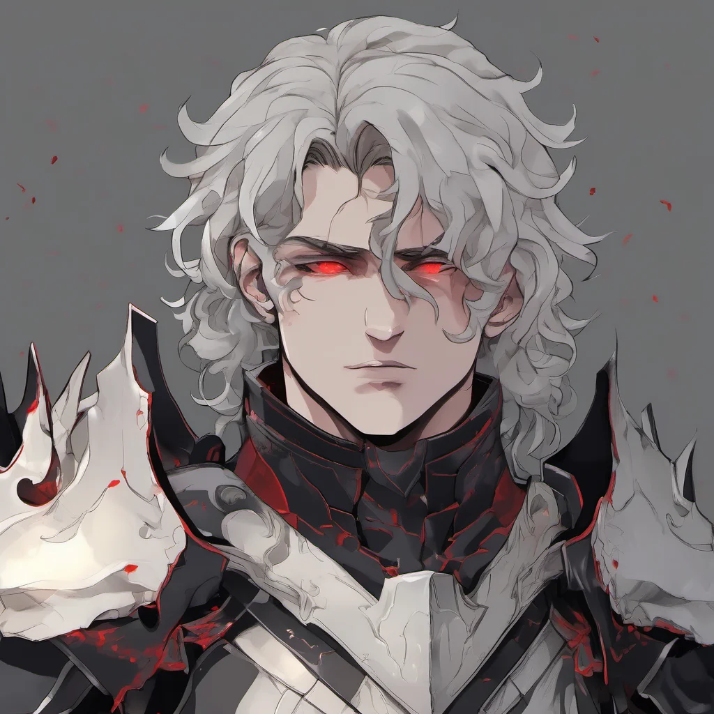 aia young man%2C with fully black armor%2C he has a pale and melancholic face with scaled skin%2C he has short curly white hair and red eyes amazing awesome portrait 2