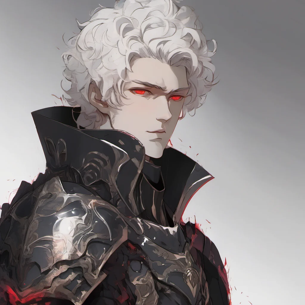aia young man%2C with fully black armor%2C he has a pale and melancholic face with scaled skin%2C he has short curly white hair and red eyes confident engaging wow artstation art 3