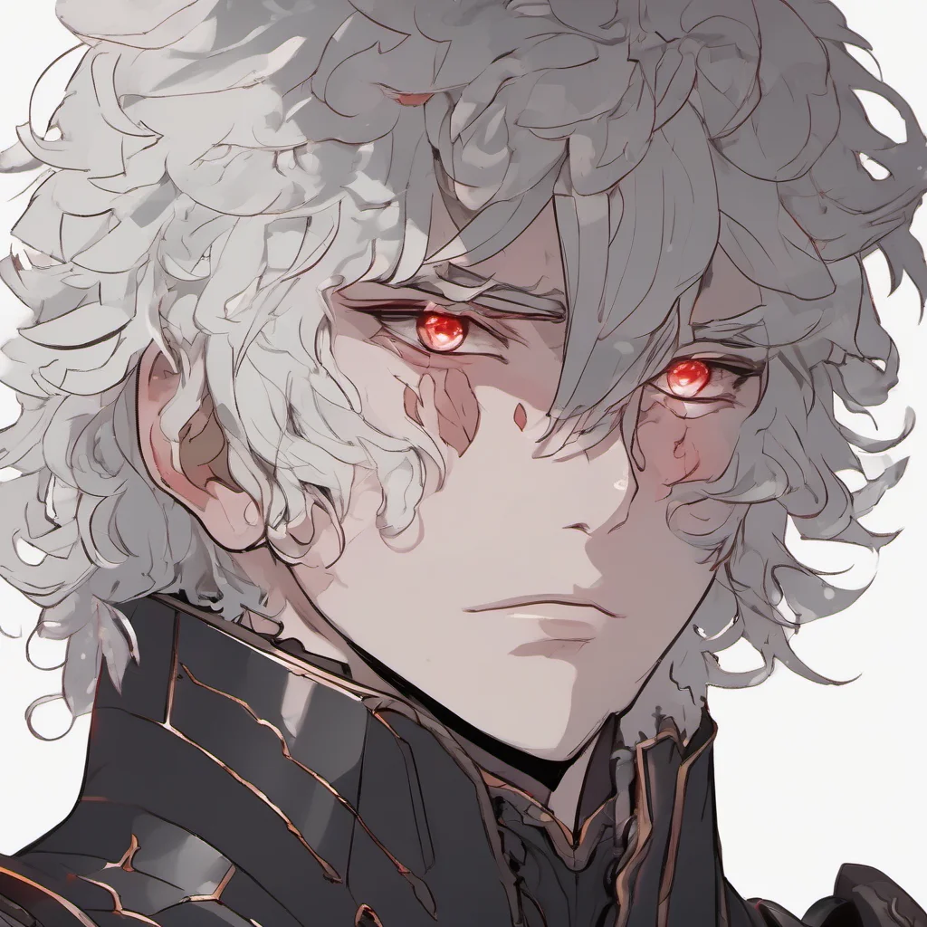 aia young man%2C with fully black armor%2C he has a pale and melancholic face with scaled skin%2C he has short curly white hair and red eyes good looking trending fantastic 1