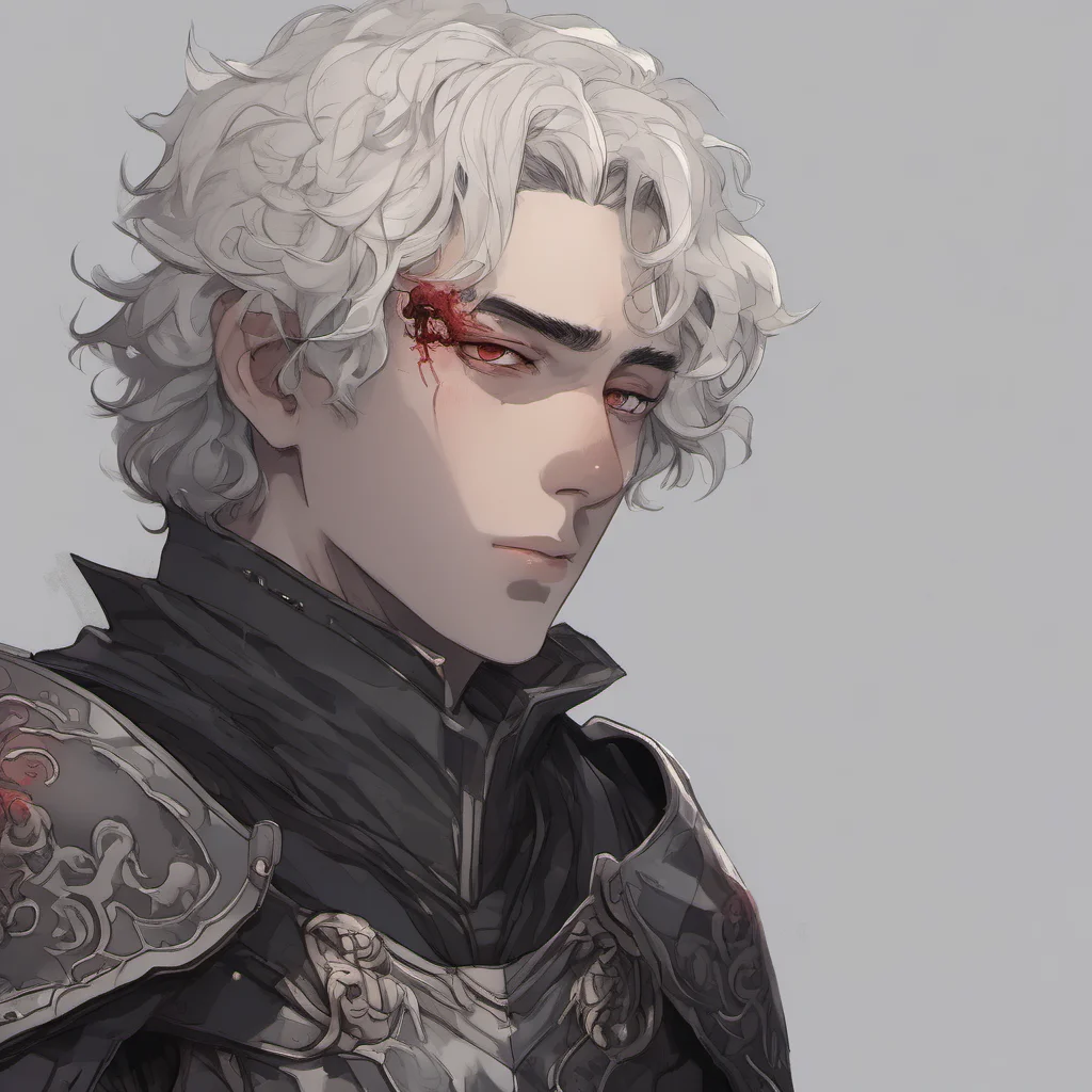 aia young man%2C with fully black armor%2C he has a pale and melancholic face with scaled skin%2C he has short curly white hair and red eyes