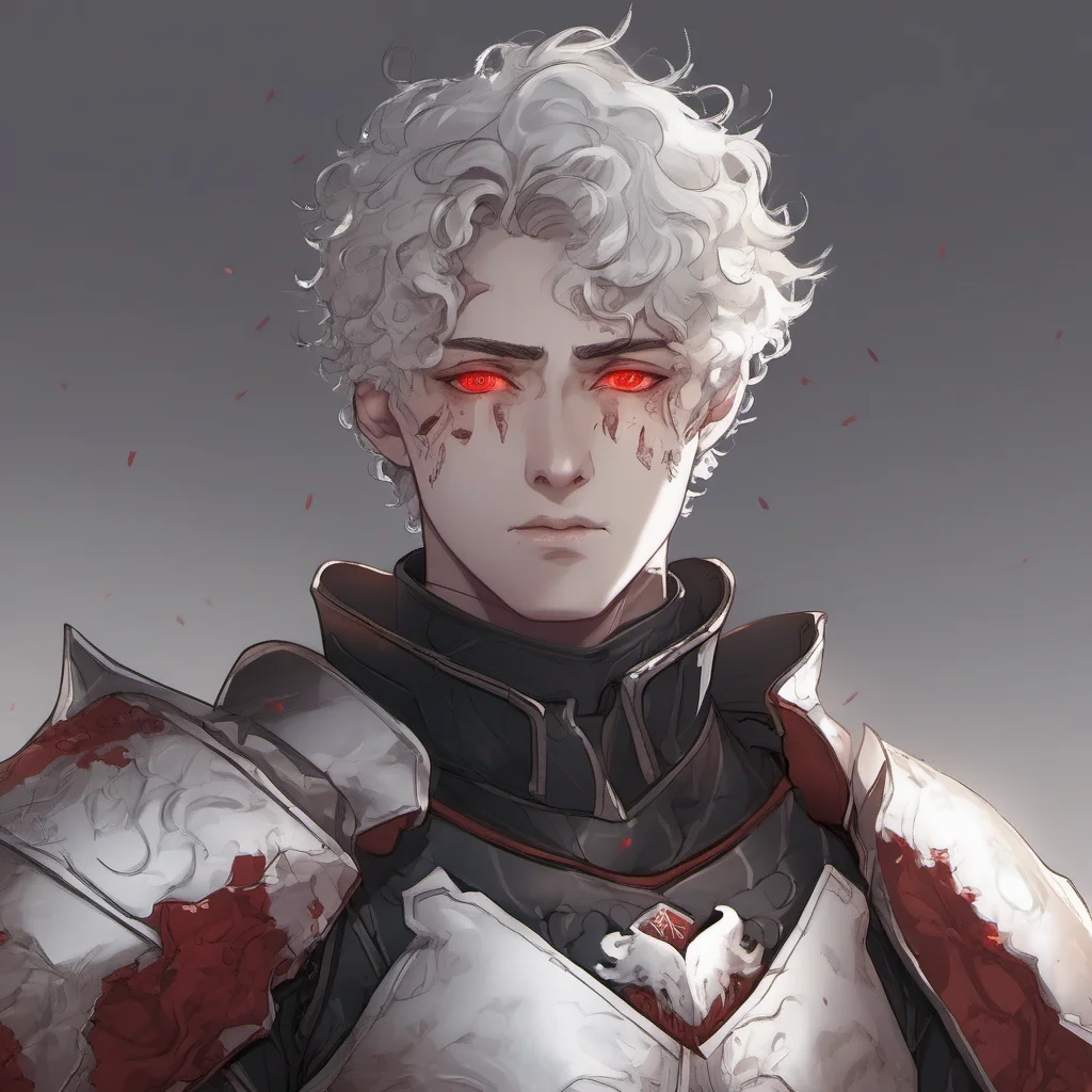 aia young man%2C with fully black armor%2C he has a pale and melancholic face with scars on his face%2C he has short curly white hair and red eyes confident engaging wow artstation art 3