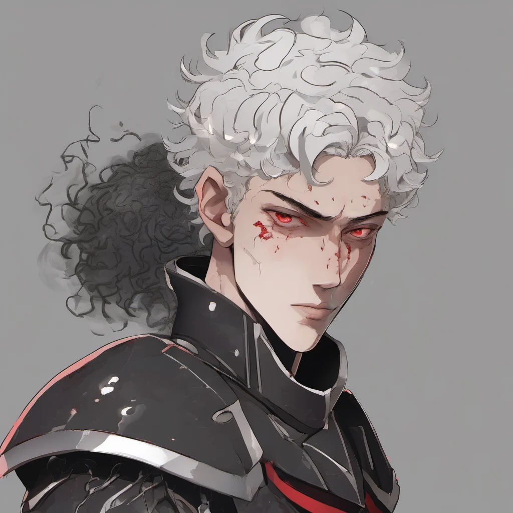 aia young man%2C with fully black armor%2C he has a pale and melancholic face with scars on his face%2C he has short curly white hair and red eyes good looking trending fantastic 1
