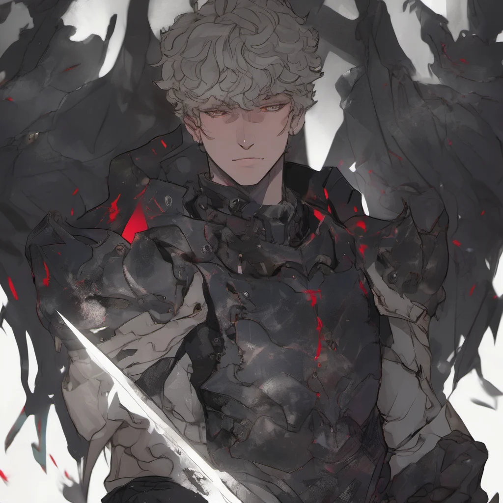 aia young man%2C with fully black armor%2C he has a pale and melancholic face with scars on his face%2C he has short curly white hair and red eyes
