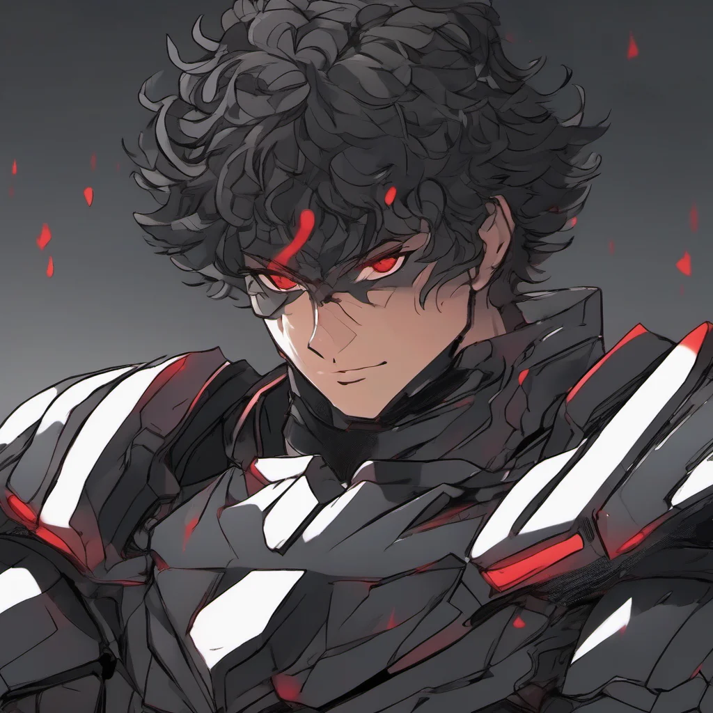 a young man with a muscular build%2C he wears fully black armor%2C has a melancholic face%2C black curly hair and red eyes amazing awesome portrait 2