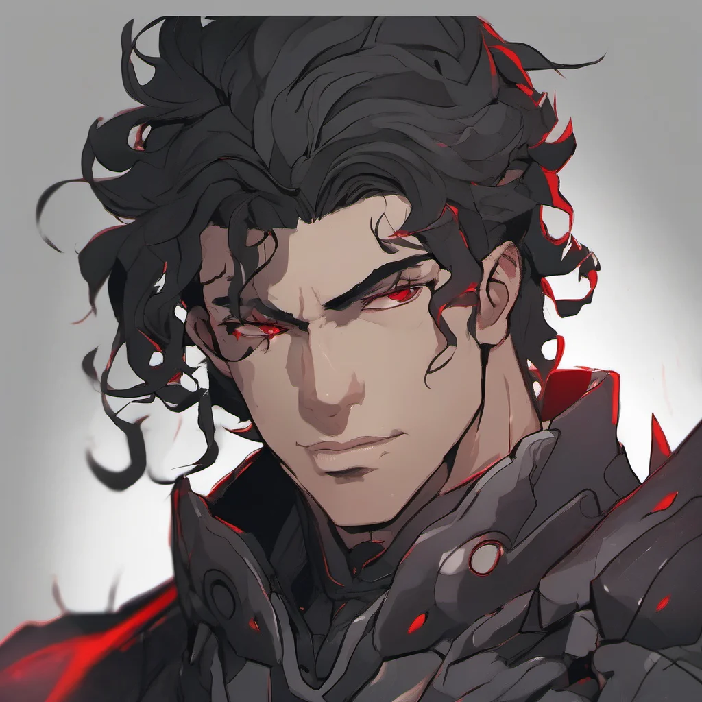 aia young man with a muscular build%2C he wears fully black armor%2C has a melancholic face%2C black curly hair and red eyes good looking trending fantastic 1
