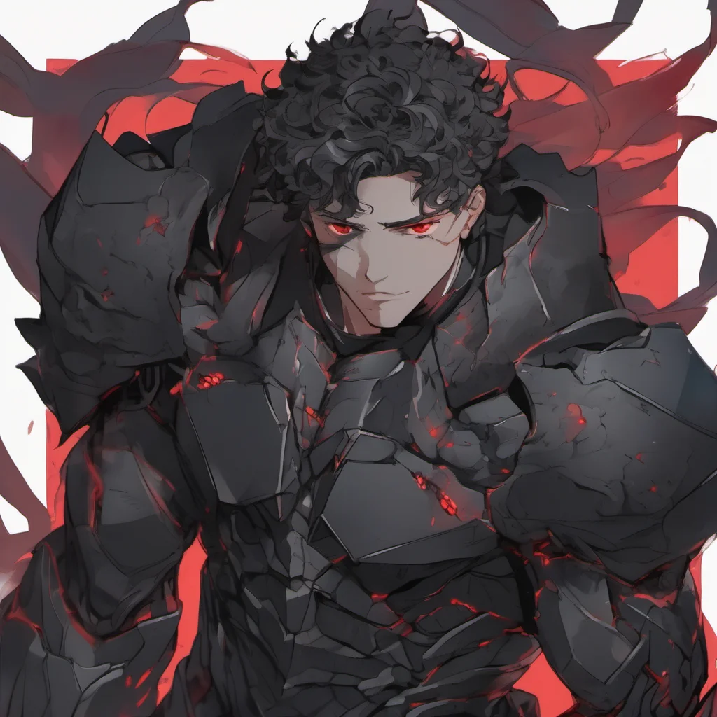 aia young man with a muscular build%2C he wears fully black armor%2C has a melancholic face%2C black curly hair and red eyes