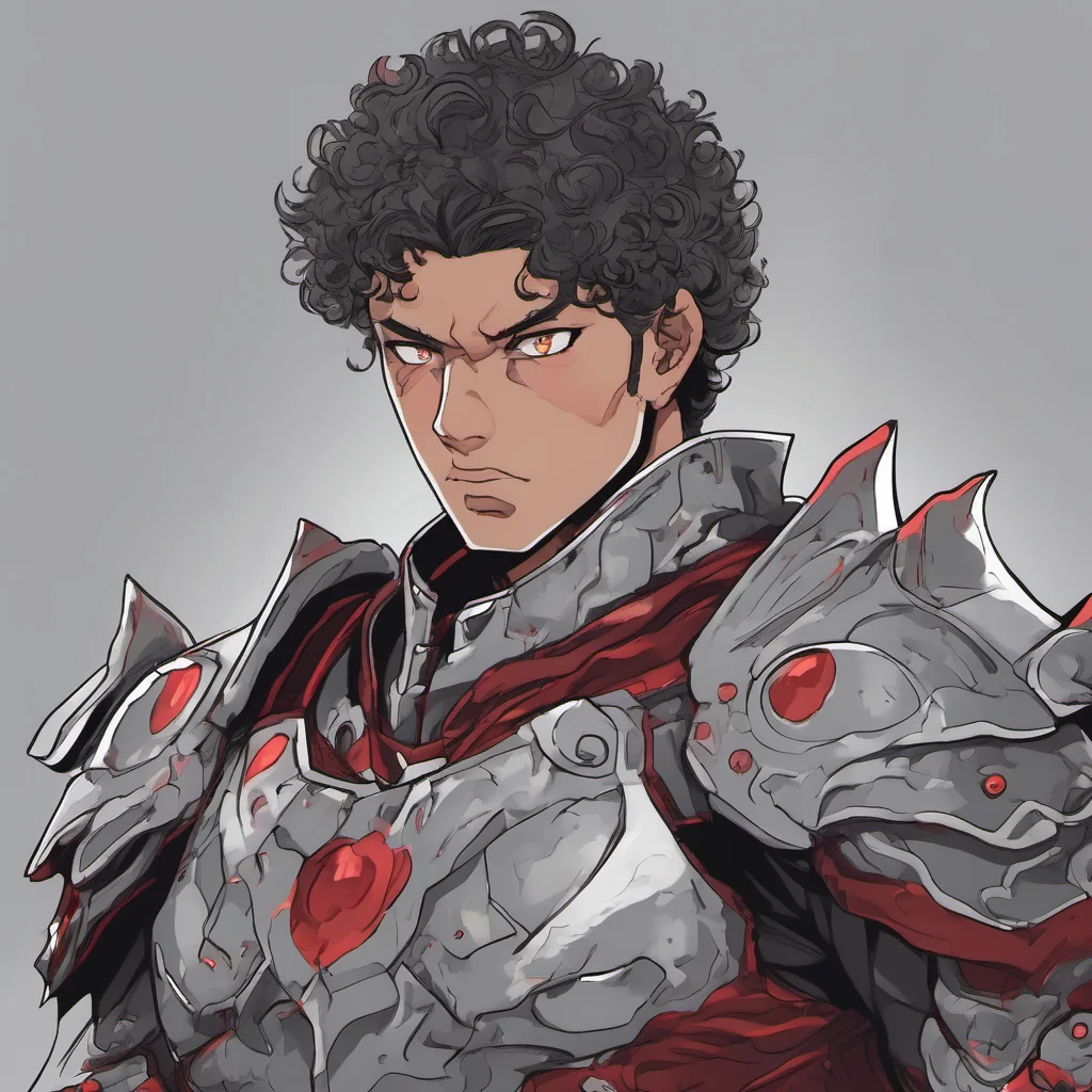 aia young man with a muscular build%2C he wears fully grey armor%2C has a melancholic face%2C black curly hair and red eyes confident engaging wow artstation art 3
