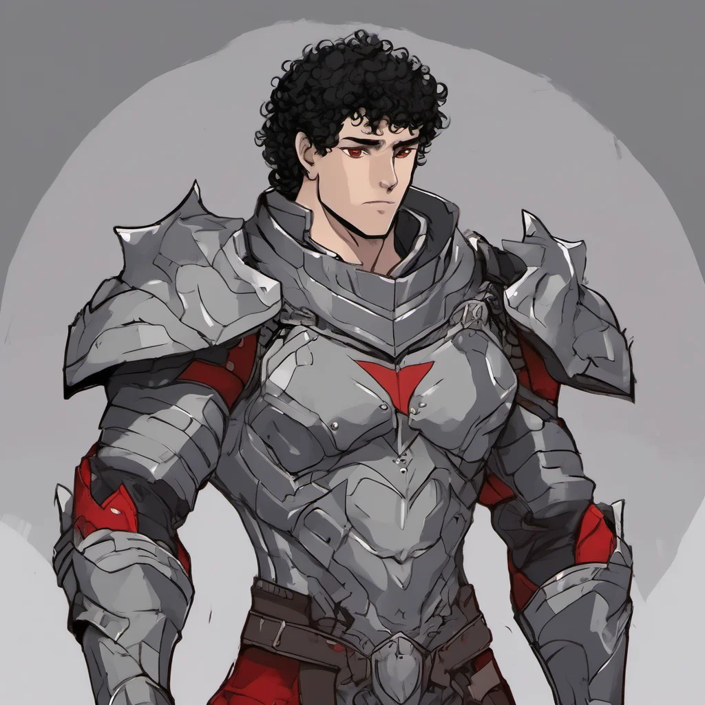 aia young man with a muscular build%2C he wears fully grey armor%2C has a melancholic face%2C black curly hair and red eyes good looking trending fantastic 1