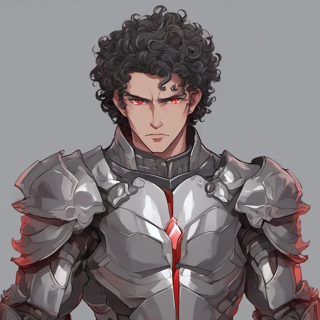 aia young man with a muscular build%2C he wears fully grey armor%2C has a melancholic face%2C black curly hair and red eyes