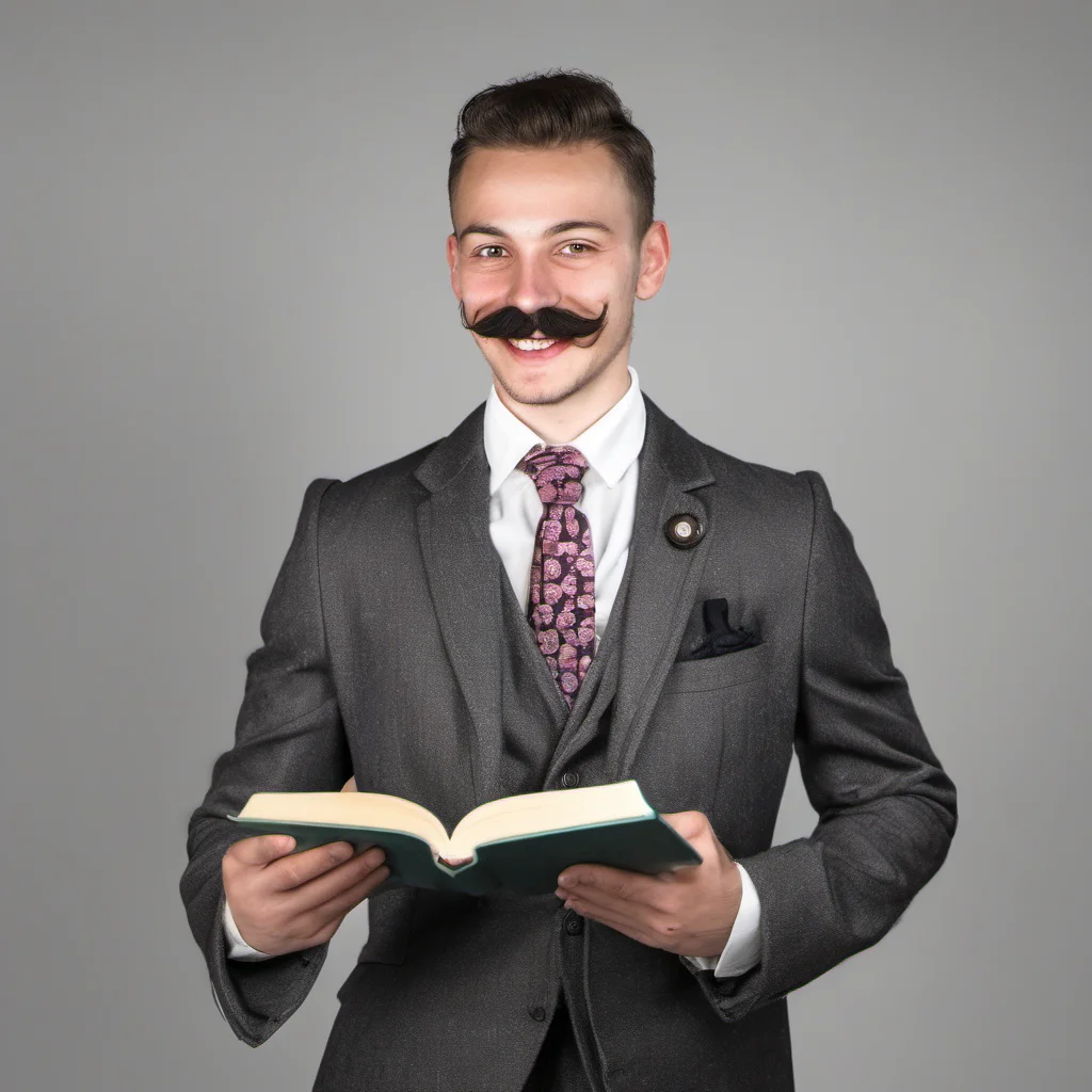 aia young man with moustache dressed in suits smiling holding a book in his hand amazing awesome portrait 2