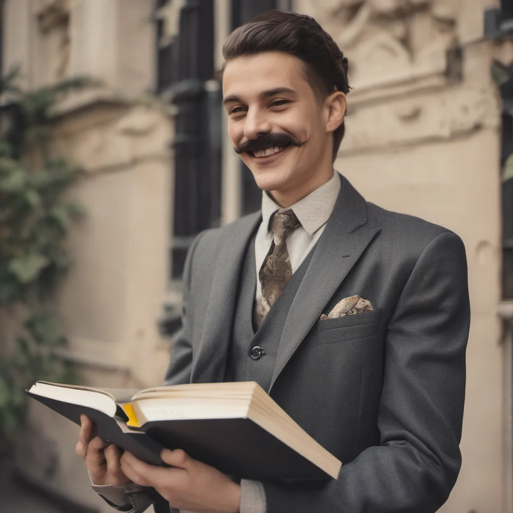 aia young man with moustache dressed in suits smiling holding a book in his hand confident engaging wow artstation art 3