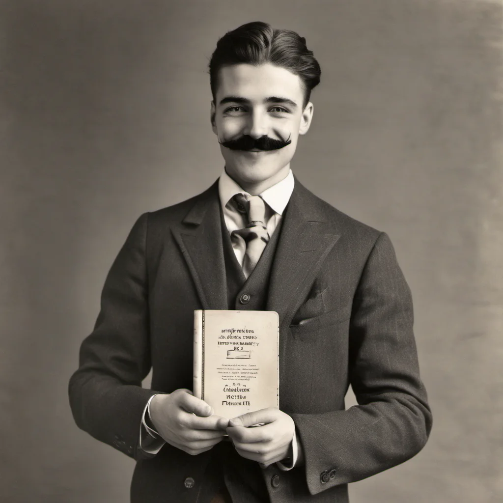 a young man with moustache dressed in suits smiling holding a book in his hand good looking trending fantastic 1