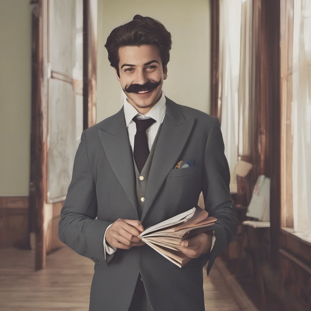 aia young man with moustache dressed in suits smiling holding a book in his hand