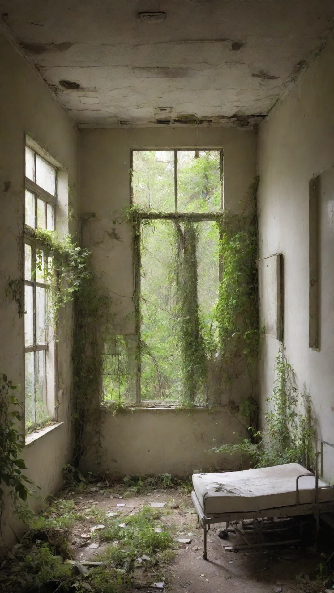 aiabandoned hospital room with vegetation overgrowing tall