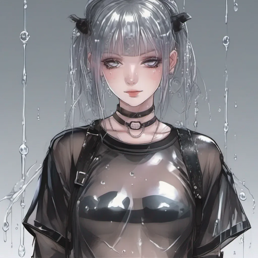 aiadorable anime goth woman wearing a wet transparent t shirt