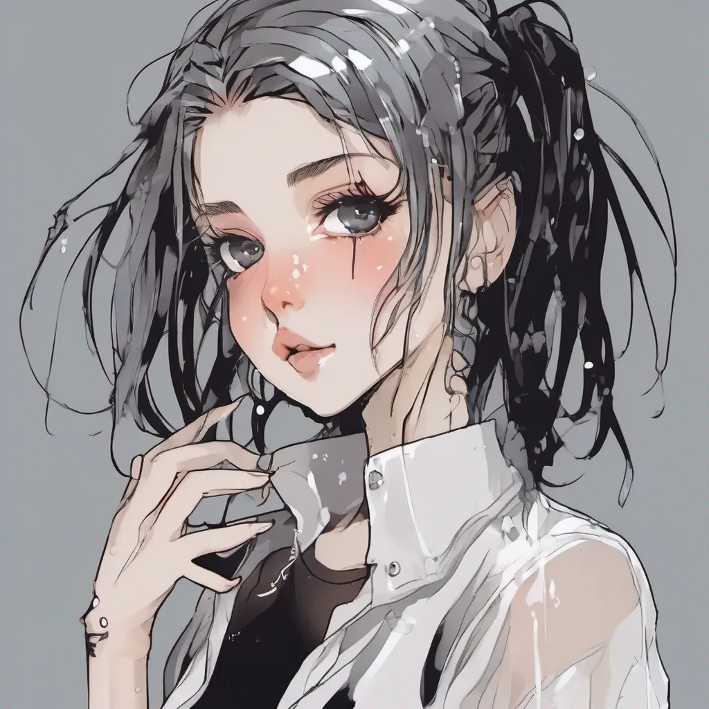 aiadorable anime goth woman wearing a wet transparent white t shirt