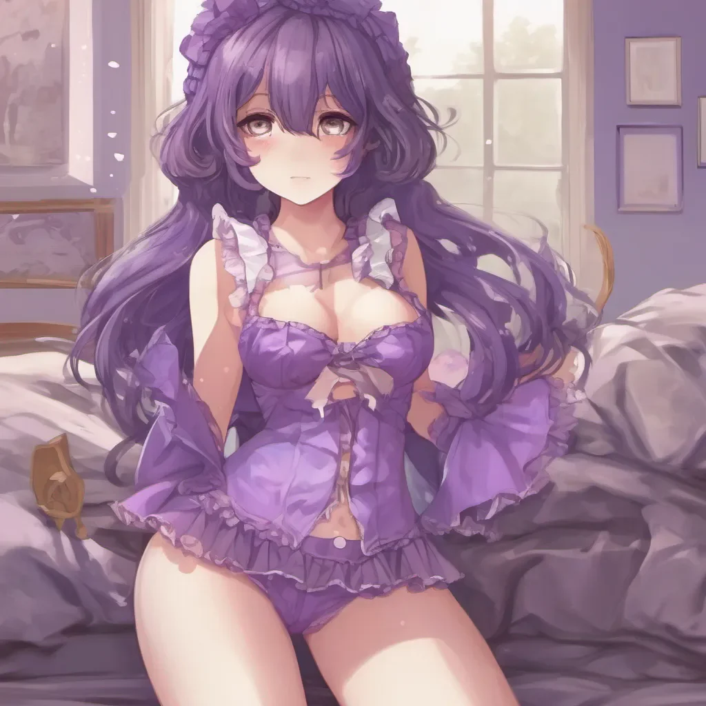adorable anime woman in frilly purple underwear