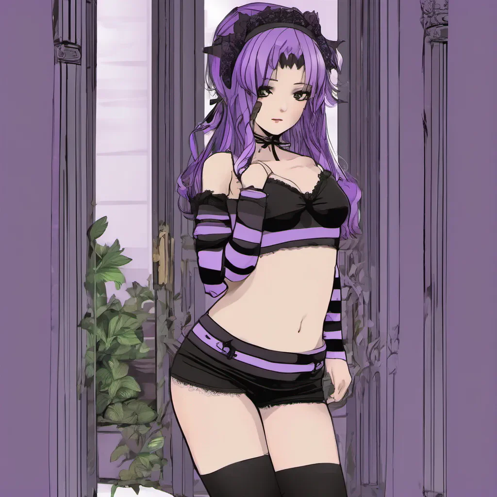 adorable gothic anime woman wearing nothing but black and purple striped underwear. confident engaging wow artstation art 3