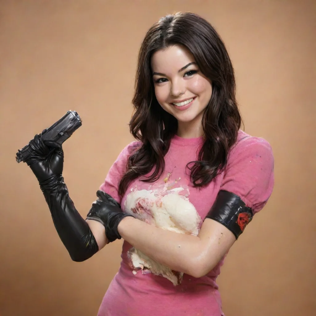 aiadult  30 year old miranda cosgrove from icarly smiling with black deluxe nitrile gloves and gun and mayonnaise splattered everywhere