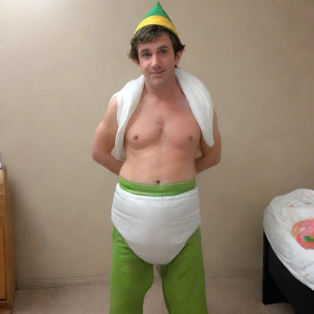 adult elf wearing a huge plastic diaper