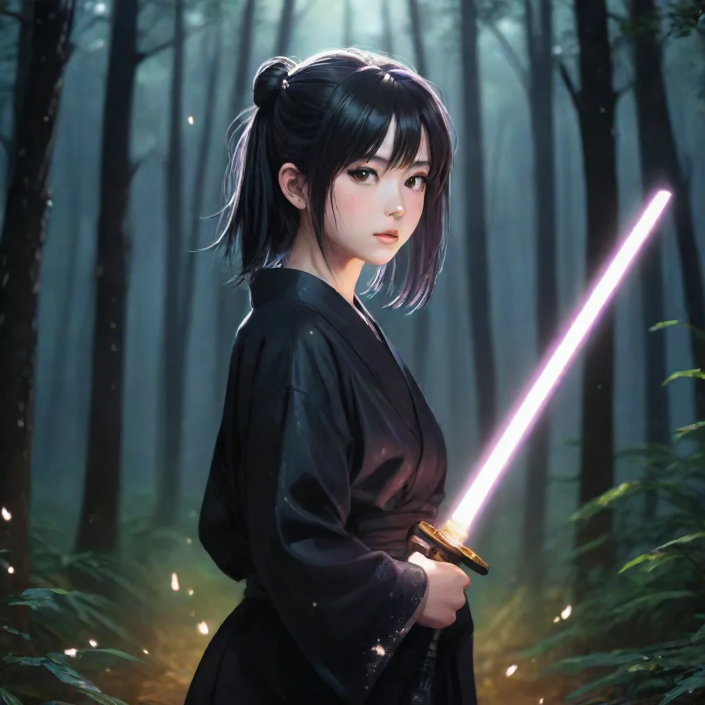 aiaesthetic grunge realistic japanese anime girl with katana wearing black yukata night forest shining sparkles background