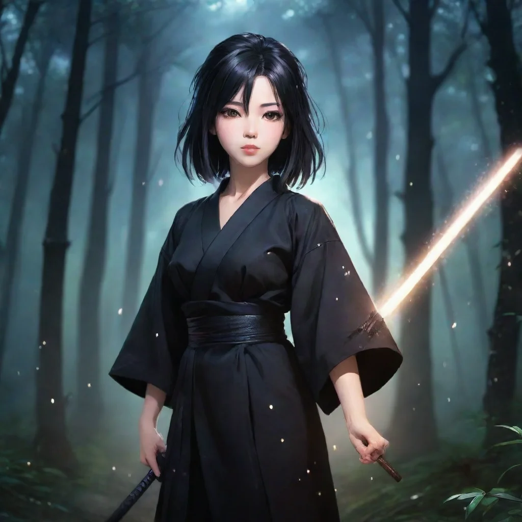 aiaesthetic grunge realistic japanese anime woman with katana wearing black yukata night forest shining sparkles background