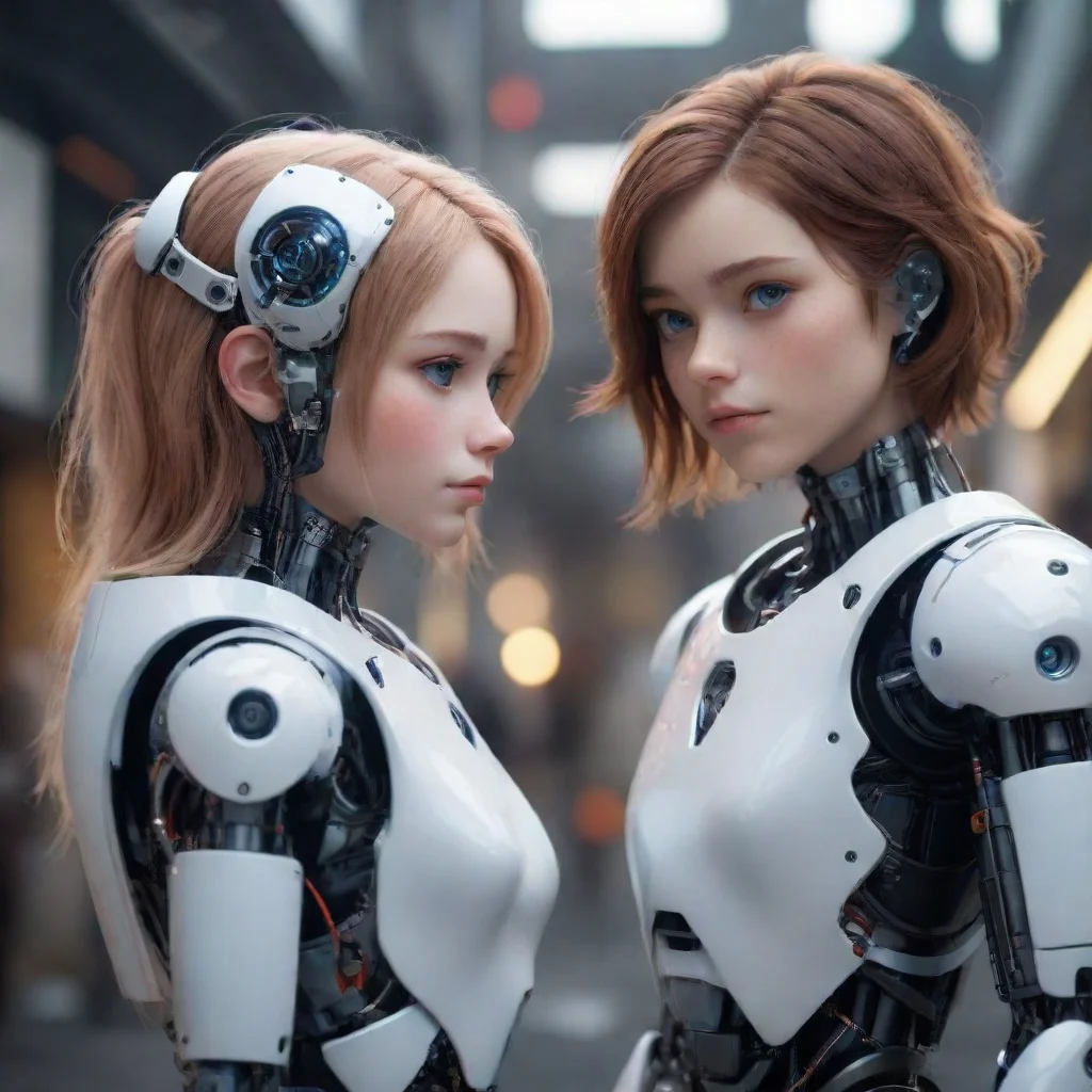ai robots boy and girl elinor and thomas arm around each other romantic looking at camera eyes clear wow beautiful ai artist artstation robot humanoid futuristic