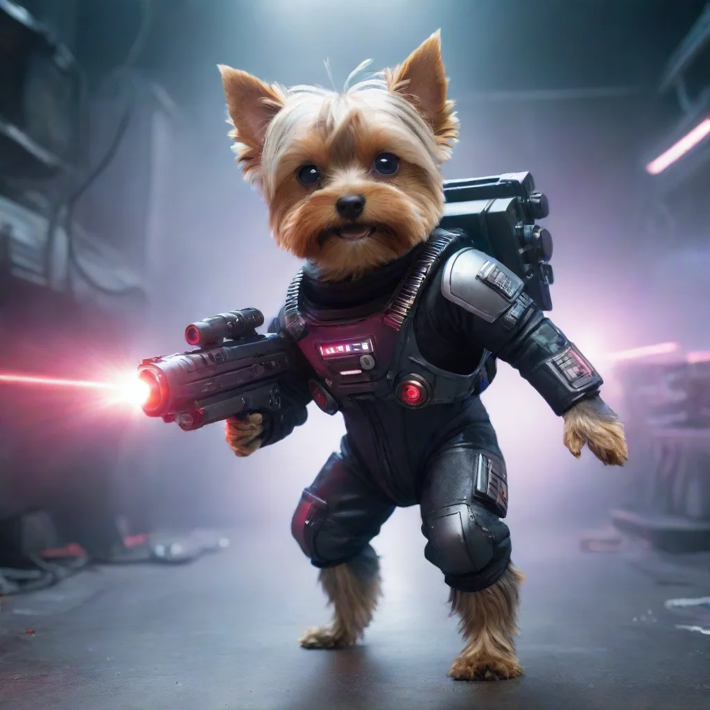 aiaione yorkshire terrier in a cyberpunk space suit firing big weapon laser confident