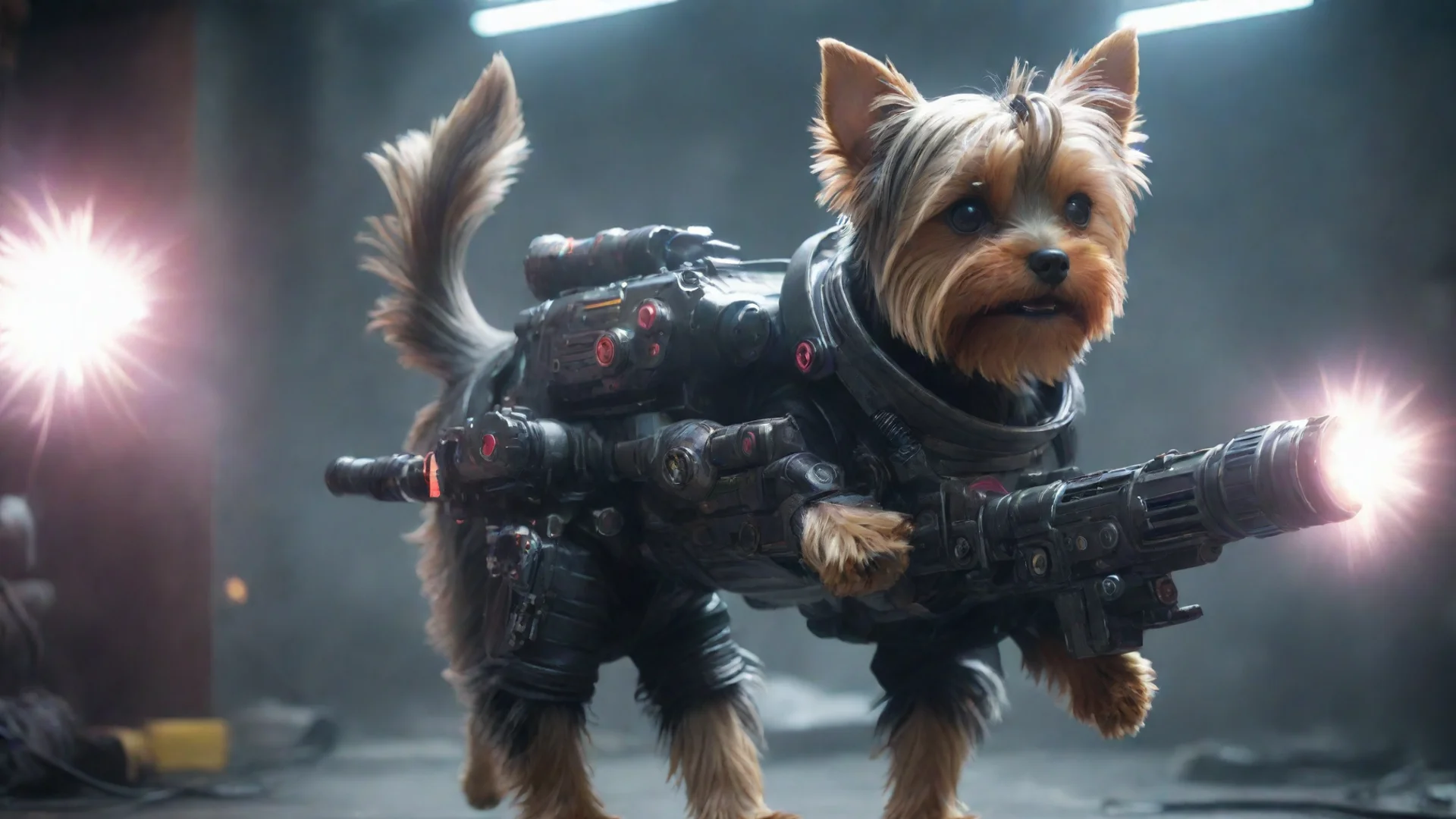 aione yorkshire terrier in a cyberpunk space suit firing big weapon lot lighting wide