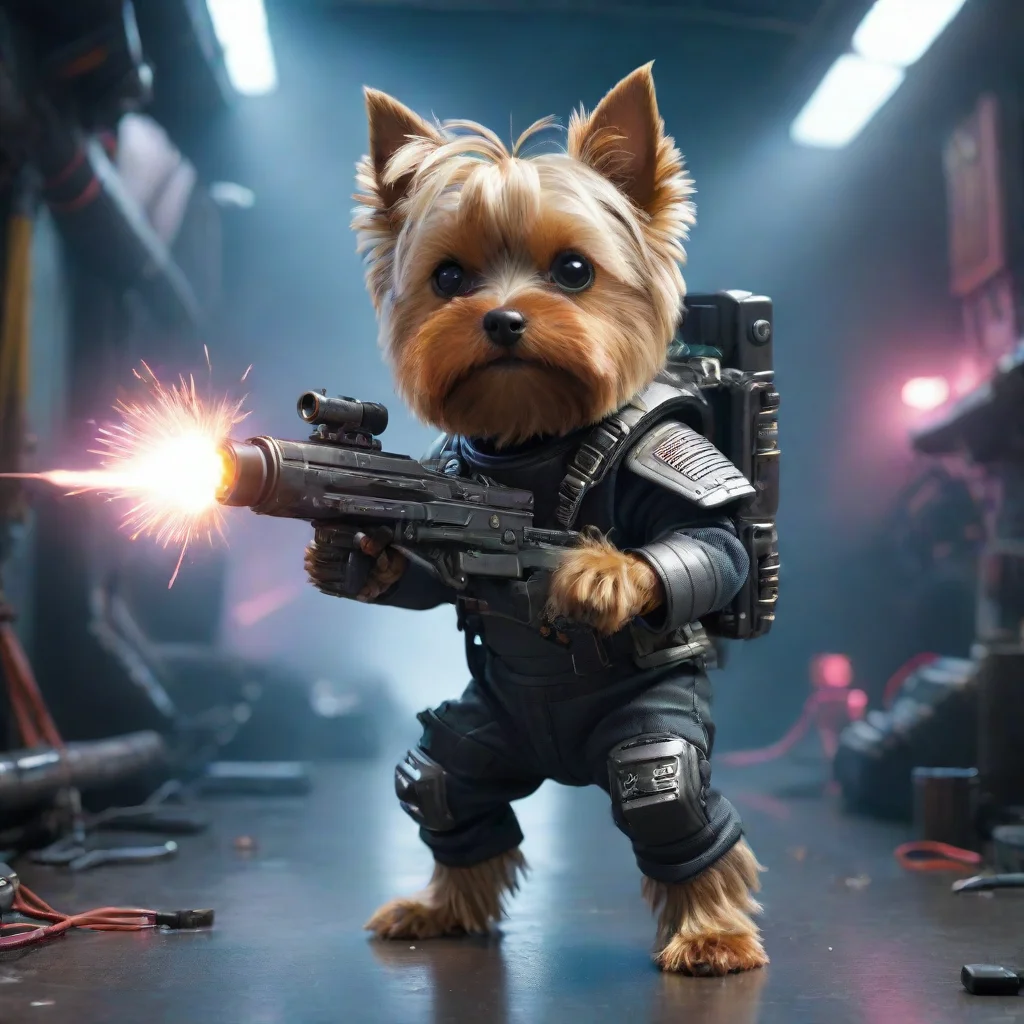 aiaione yorkshire terrier in a cyberpunk space suit firing big weapon lot lighting