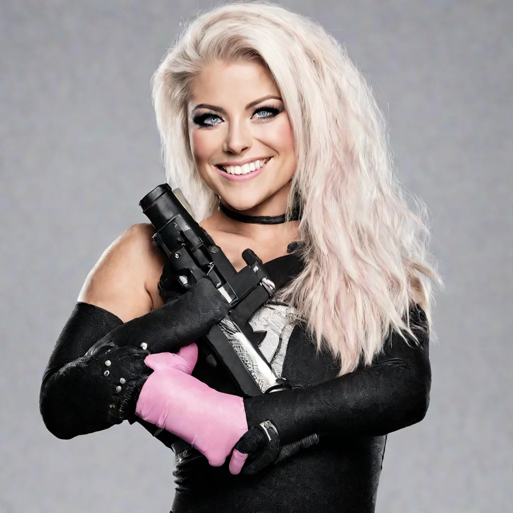 aialexa bliss smiling with black nitrile gloves holding a gun