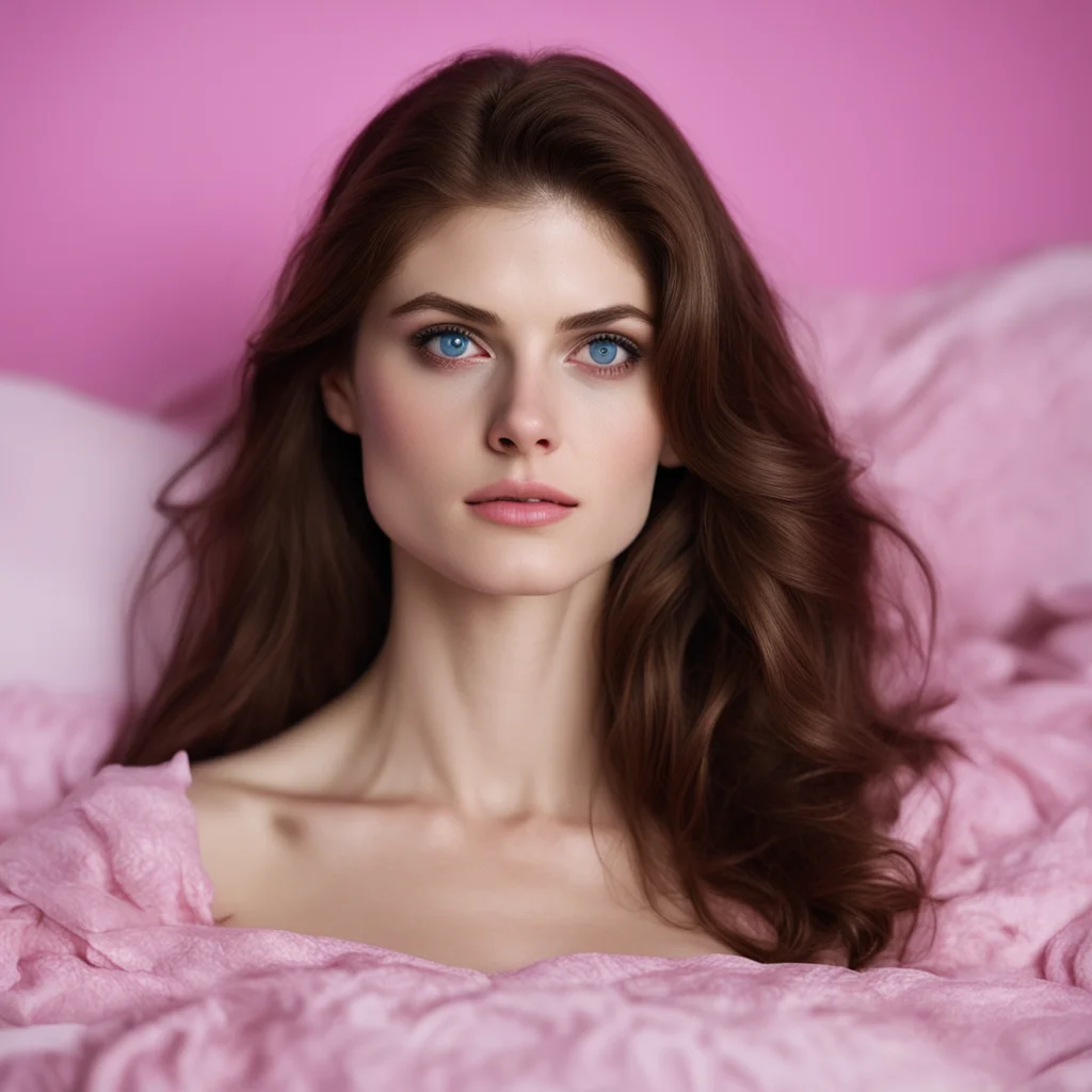 alexandra daddario in bed 8k photo beautiful blue eyes glowing skin symmetrical facial features magical moody pink paste